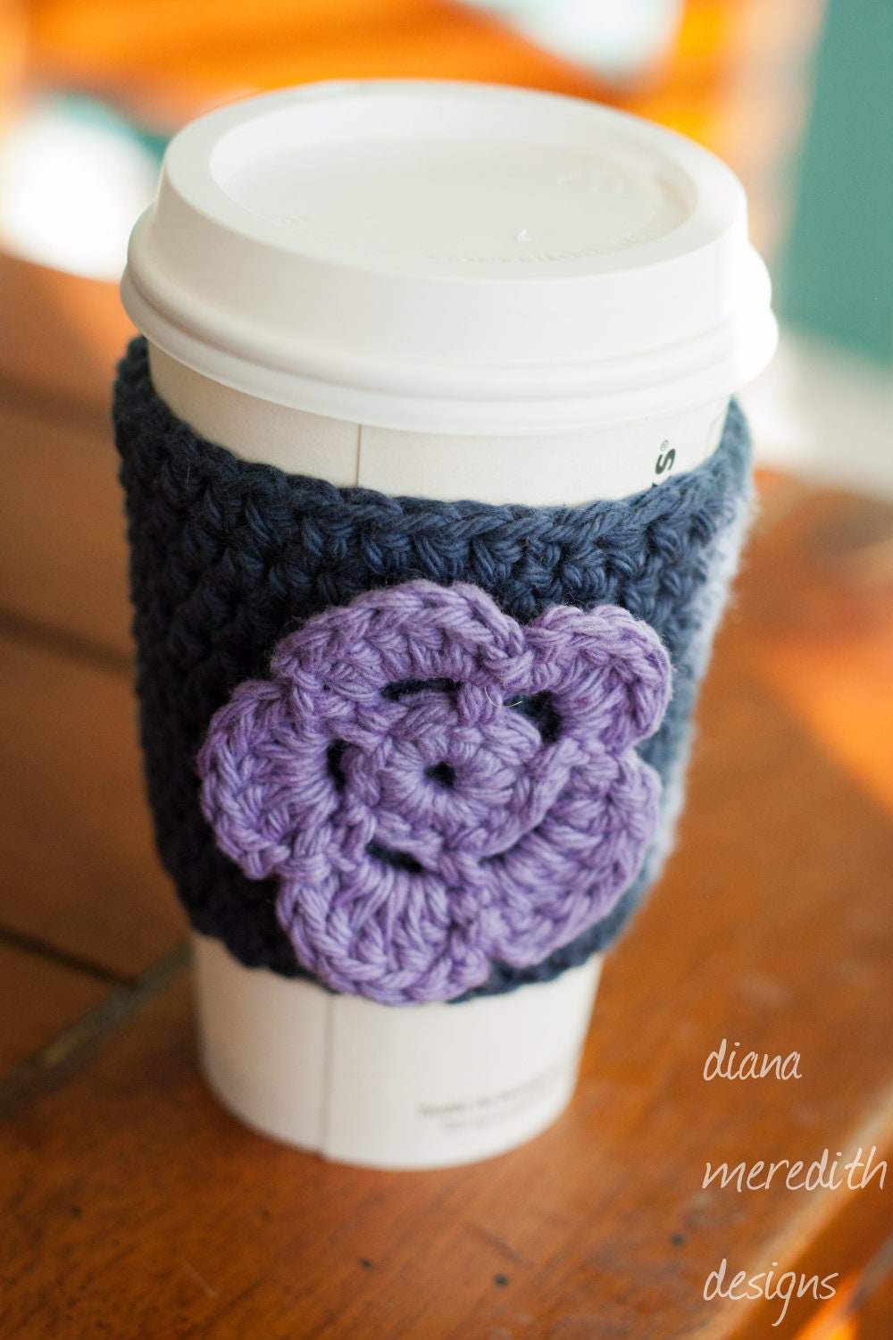 Crochet Coffee Cozy - Navy with Purple Flower