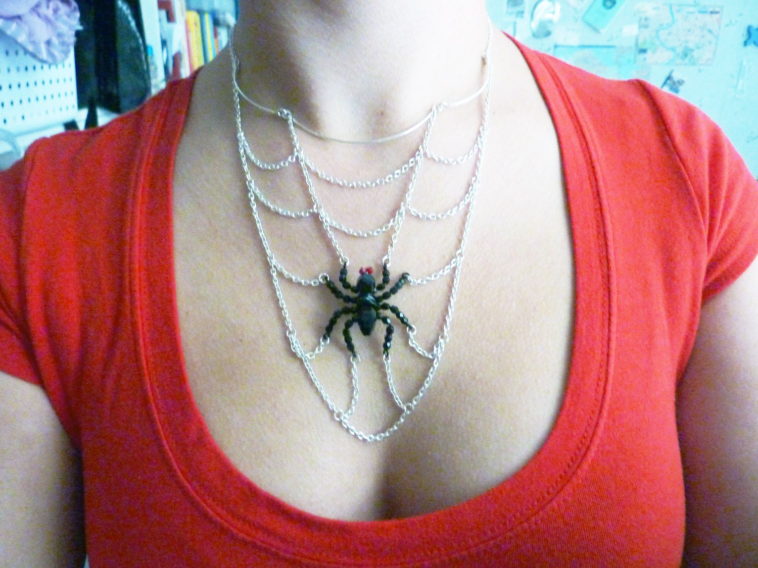 Spider's Lair Necklace - Beaded Crystal and Chain Spiderweb Necklace - Weirdly Cute Halloween Jewelry