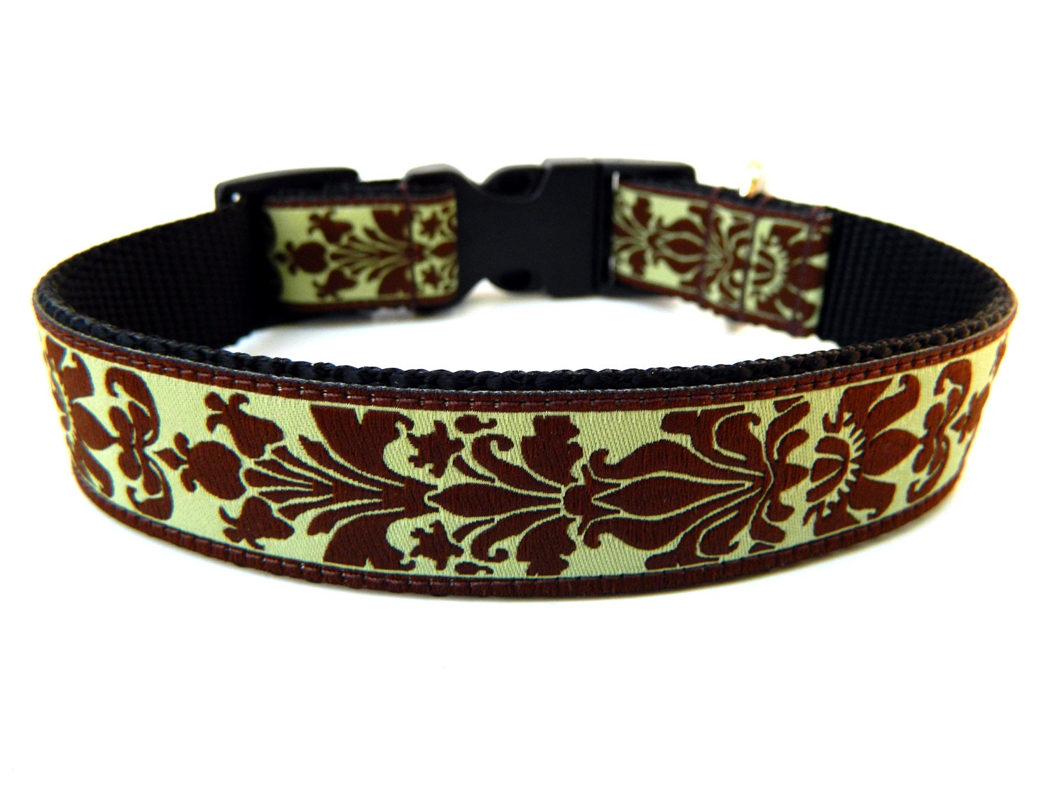 Preppy Dog Collar Green and Brown Damask