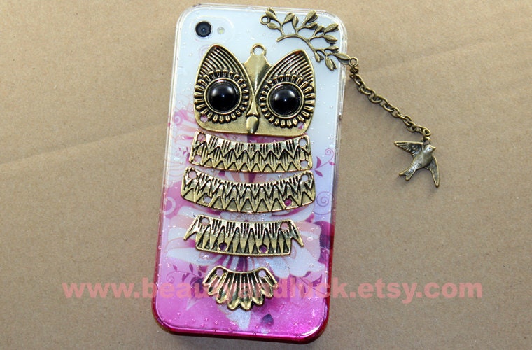 Cute Owl case, with bird charm,pink iphone case,floral iphone Case for iphone 5 case, iPhone 4 Case, iPhone 4s Case, iPhone Hard Case