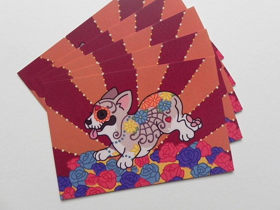 Corgi Day of the Dead / Dia de los Muertos / Halloween Sugar Skull Postcard Set (5 Postcards)