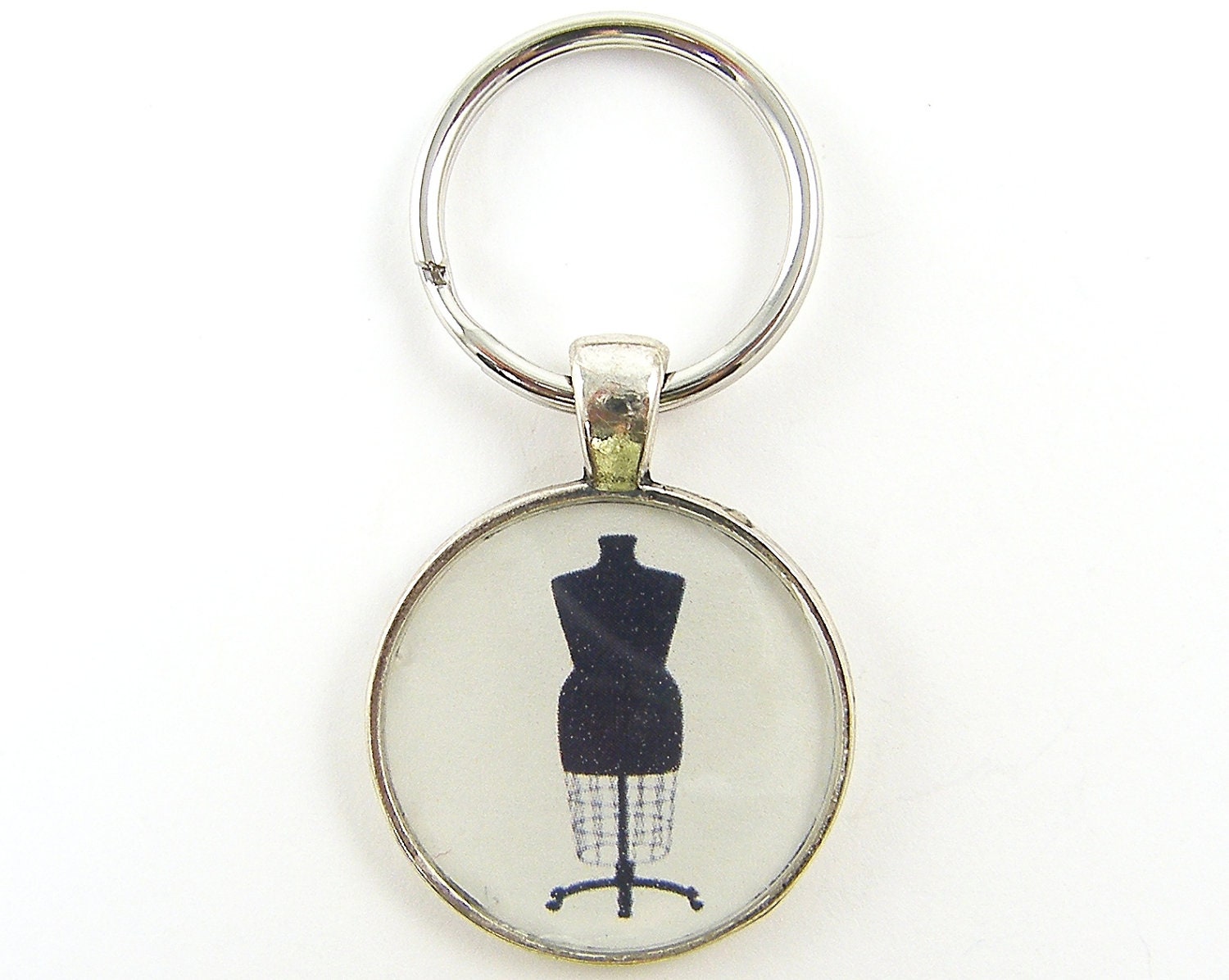 Custom Keychain, Black White Keychain, Dress Form Dressmakers Seamstress Tailor Silver Key Ring Fob