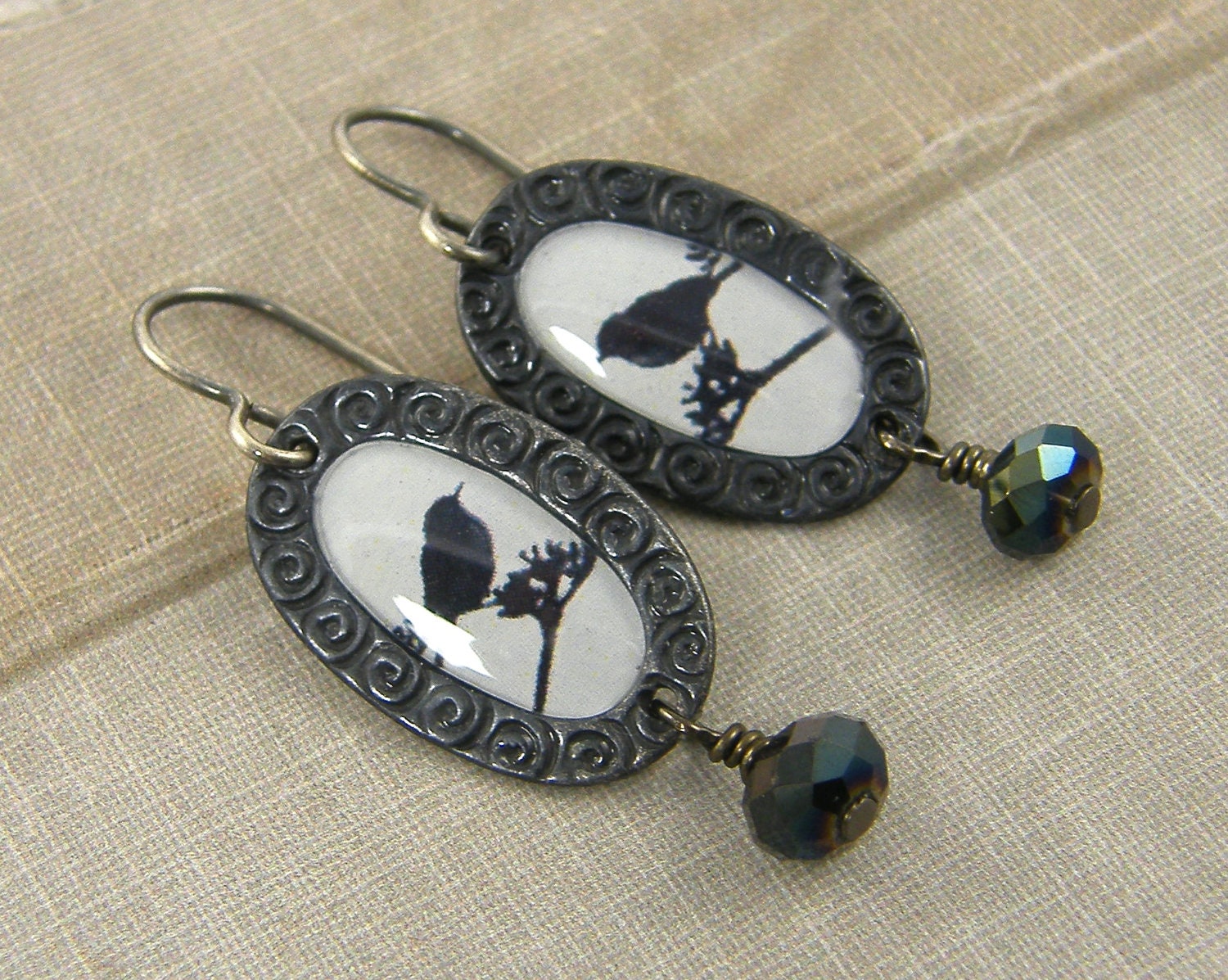 Bird Earrings - Blue Black Gunmetal Bead Dangle Picture Jewelry