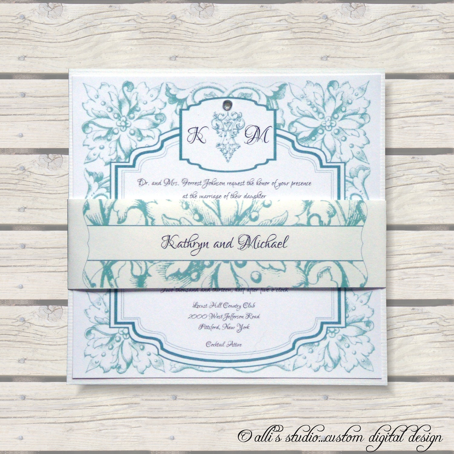 Victorian Romance Wedding Invitation Suite: 6x6 Invitation, RSVP Card, Envelopes, Belly Band
