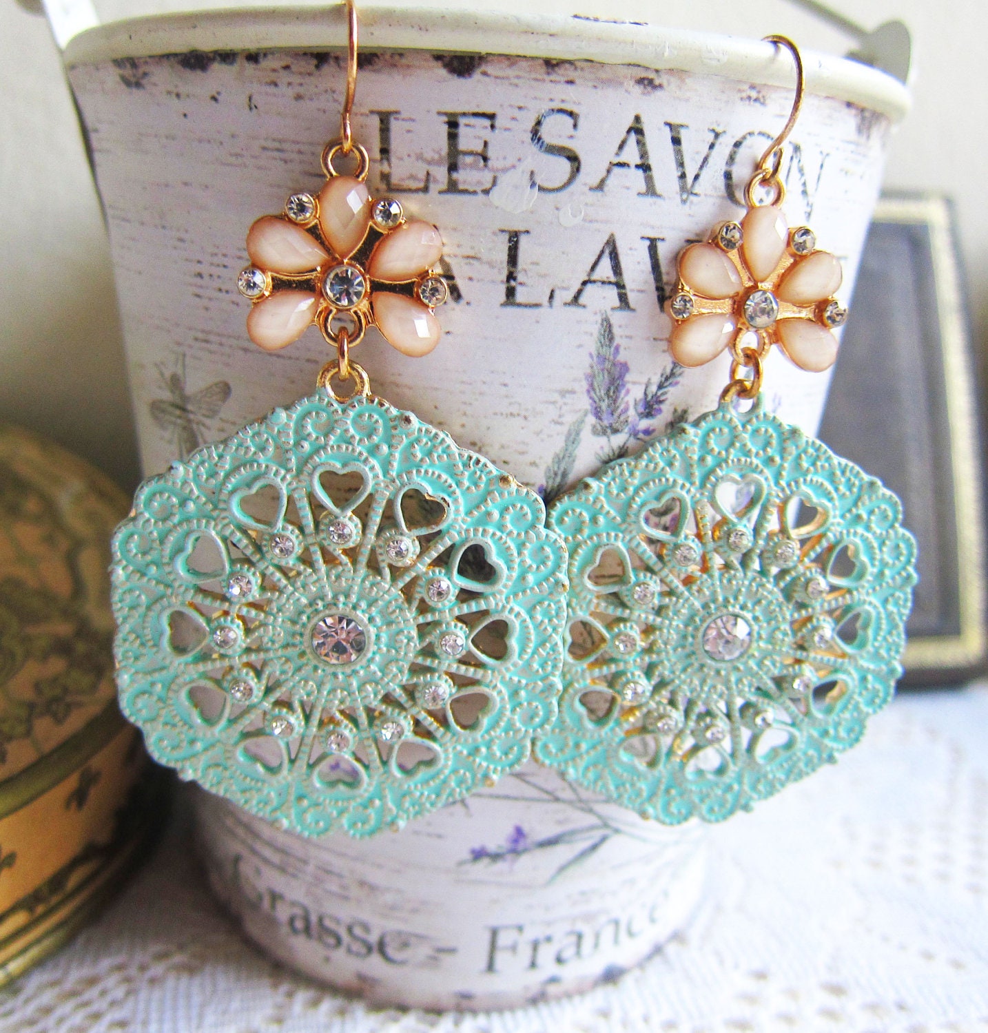 Pink and Mint Earrings Chandelier Earrings Rhinestone Crystal Lacquer Floral Lace Filigree Earrings Romantic Victorian Pale Misty Dreamy
