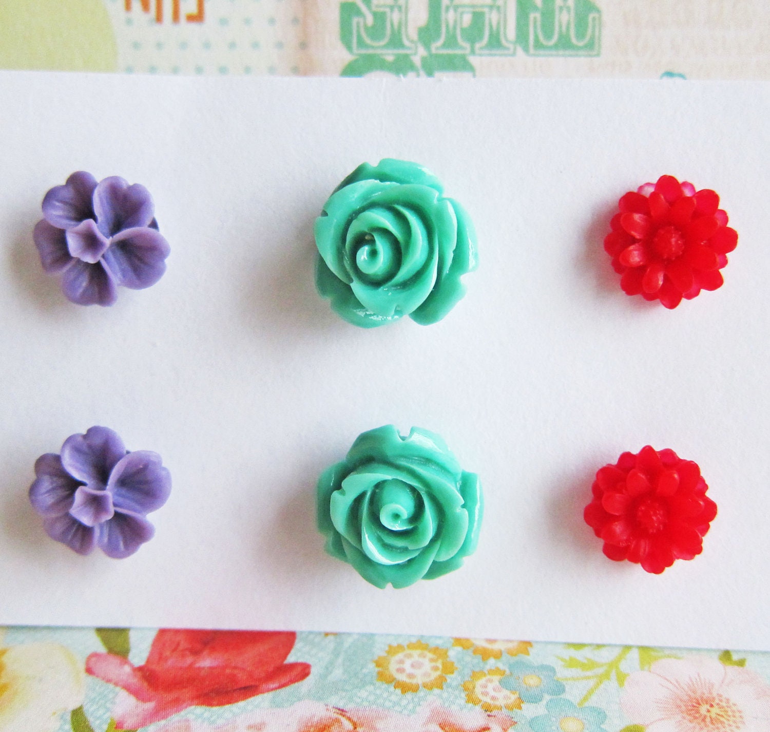 Floral Earrings Set Floral Stud Post Earrings Set Rose Earrings Lot of 3 Flower Post Set Purple Red Aqua Turquoise Mint Green Fall Winter