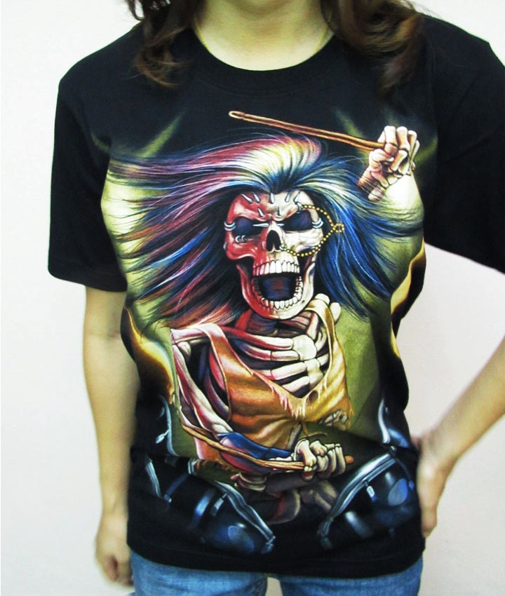 Devil Drummer Skull Skeleton Devil T-Shirt Women short sleeve silk screen shirt Rock Punk Ghost Graphics Black R06 Size S