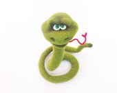 Needle Felted Toy. Funny Snake. Green. Red. Home decor. Gift under 50