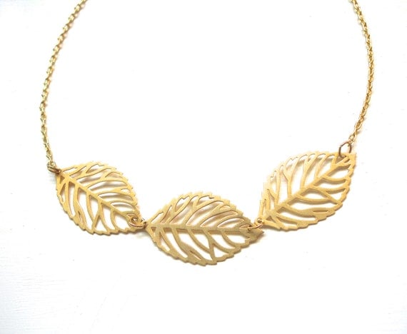 Minimalist Gold Necklace - Leaf Trio - Dainty Feminine Jewelry - Unique Gift Idea for Her