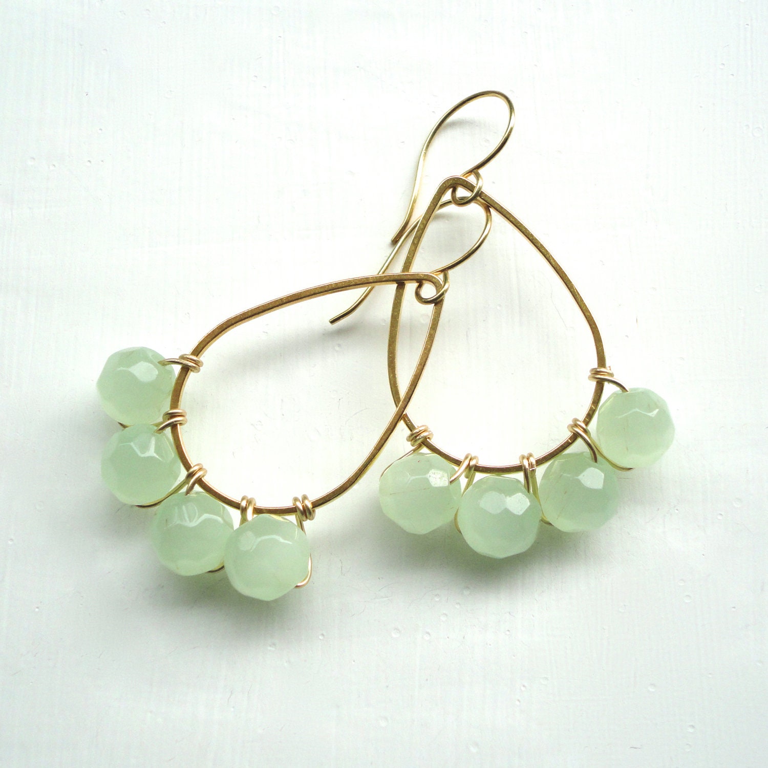 Mint Gold Teardrop Earrings - Soft Pale Green Glass Beads on Gold Hoops