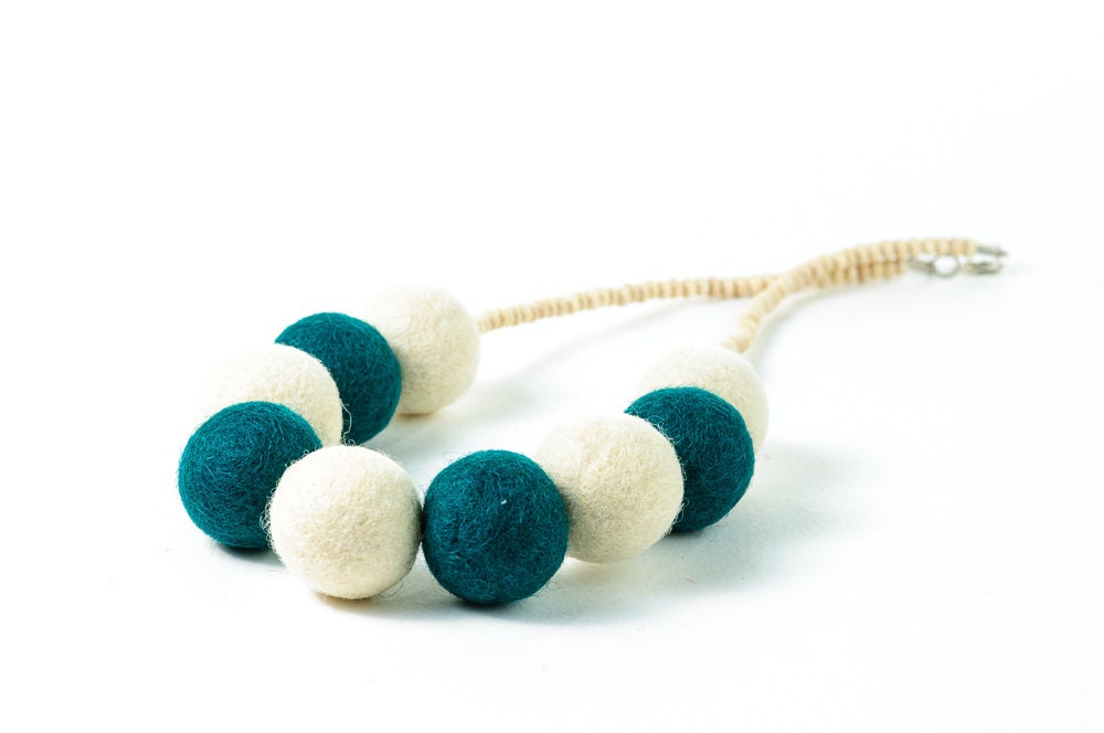 Beaded Felted Necklace Deep Jungle Green Chunky Felt Balls Autumn Fashion