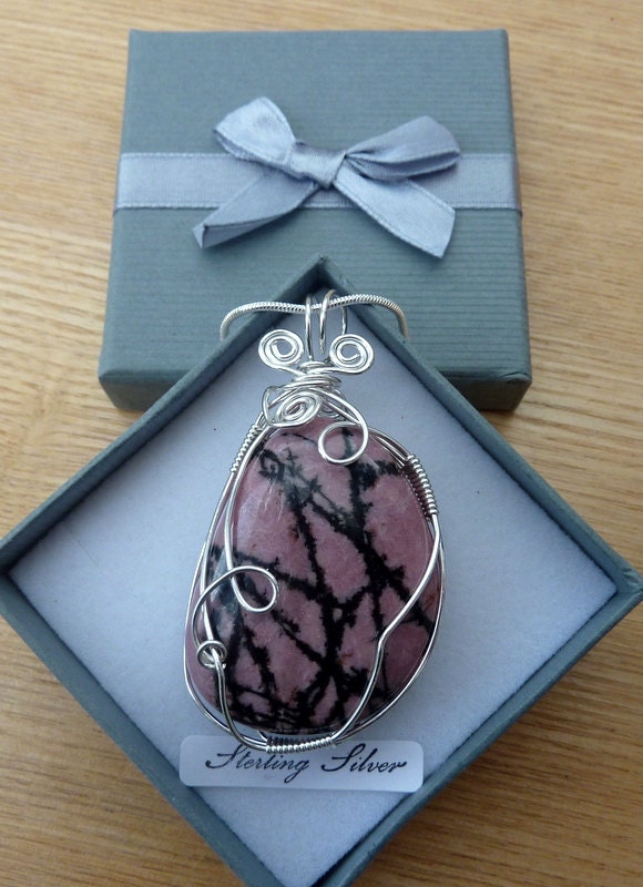 SALE - Bouquet of Barbed Wire - Rhodonite Pendant wire-wrapped in Sterling Silver. Chain, gift box and polishing cloth included