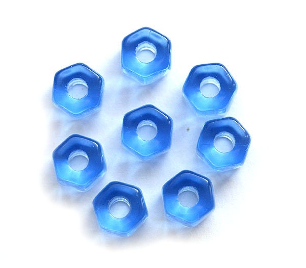 Hex beads Czech glass blue spacers, screw-nut shape - 7x9mm - 10Pc - 436
