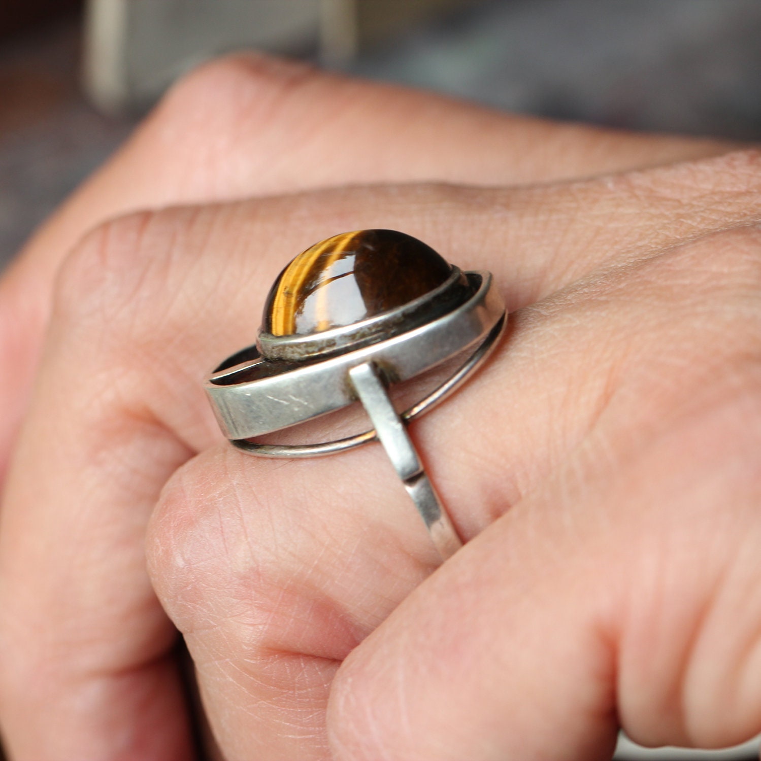 70 Sterling Ring Tiger Eye Stone Cabochon  Modernist Jewelry Size 7.5 US 55.5 FR