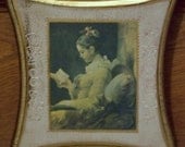 Vintage Set of Two Victorian Pictures of Ladies / Feminine Wall Hangings on Wooden Plaques