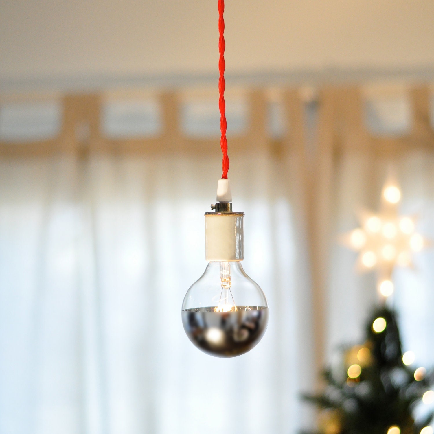 Sale - Vintage Style Bare Bulb Pendant Light - Red Cord
