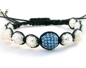 Crystal Pave Beaded Macrame Bracelet in Blue, Silver, & Black - Adjustable