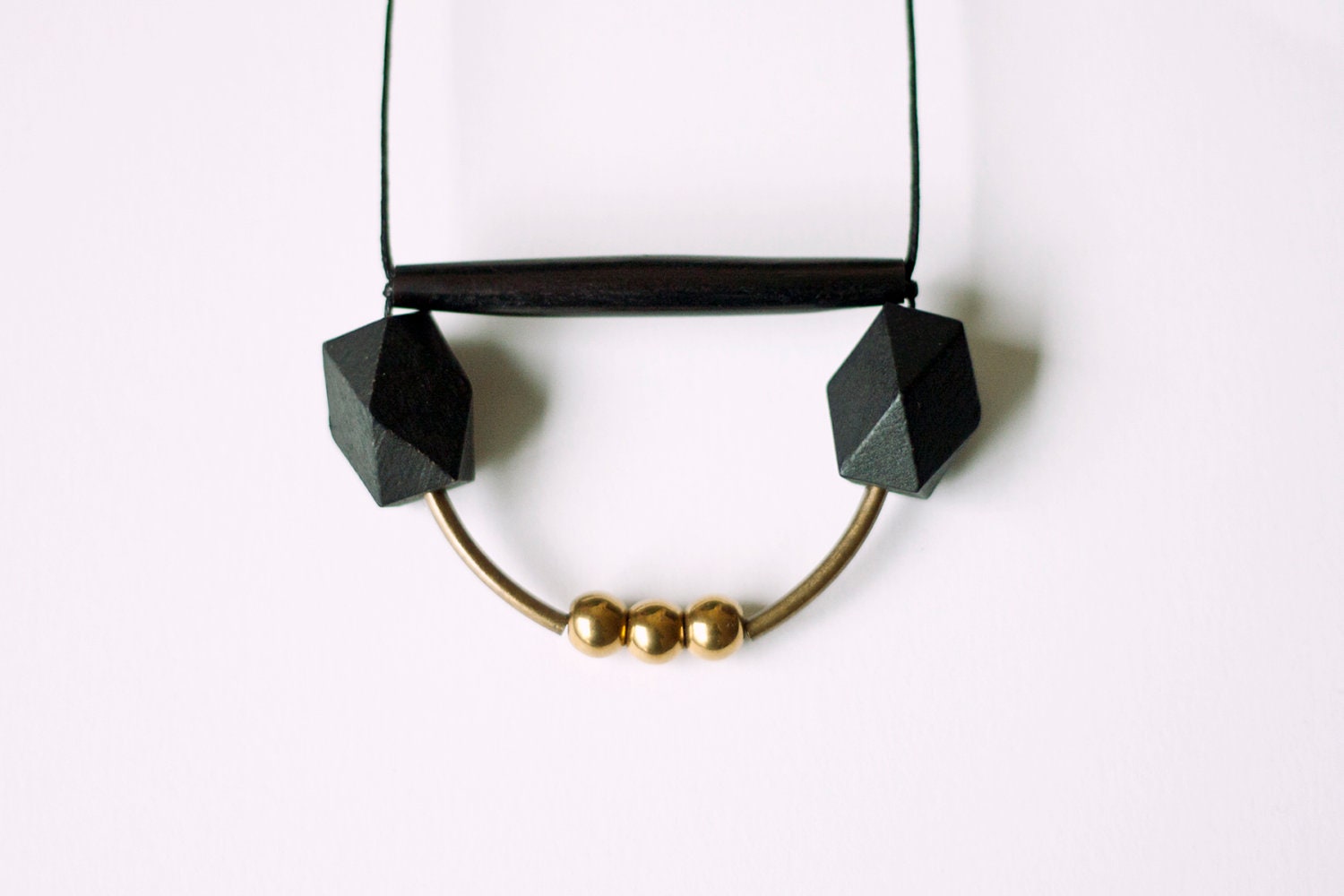 LAST ONE geometric, tribal, brass tubes, black wood beads, black hairpipe, gold glass beads and black rope, long, beaded necklace