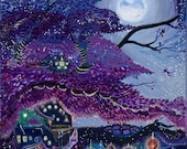 purple, tree, lanterns, twinkling stars, full moon, dreamy, night