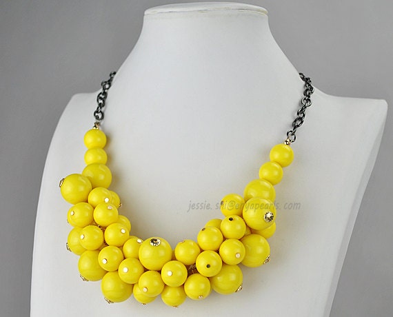 Yellow Beads Jewelry, Yellow Cluster Necklace, Lemon Cluster Necklace, Black Chain, Resin Jewelry (FN0594-Yellow & Black)
