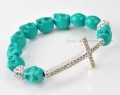 Wedding Bracelet, Paint Baking Skull Bracelet, Bluish Green Bracelet, Sideways Cross Bracelet, Wedding Gift (B0237-P-Turquoise)