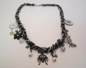 Halloween Braided Chain Charm Necklace with Spider, Wolf, Spiderwebs, Stars and Flowers