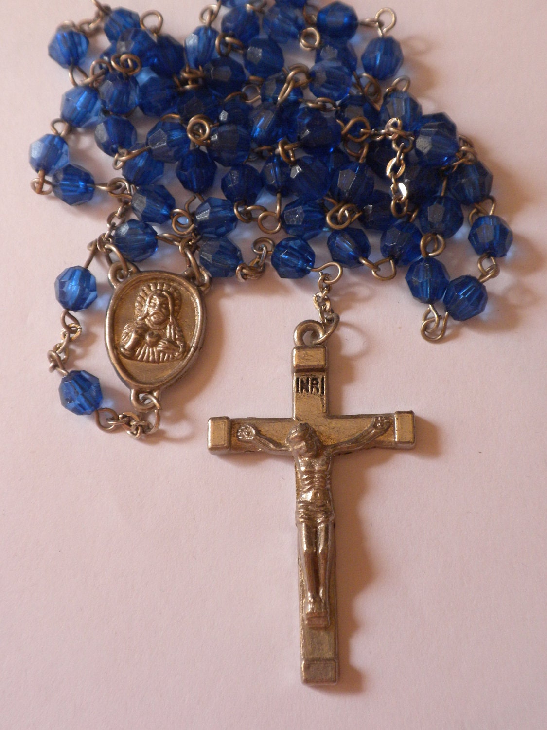 vintage rosary, royal blue beads, religious item, Christian religion