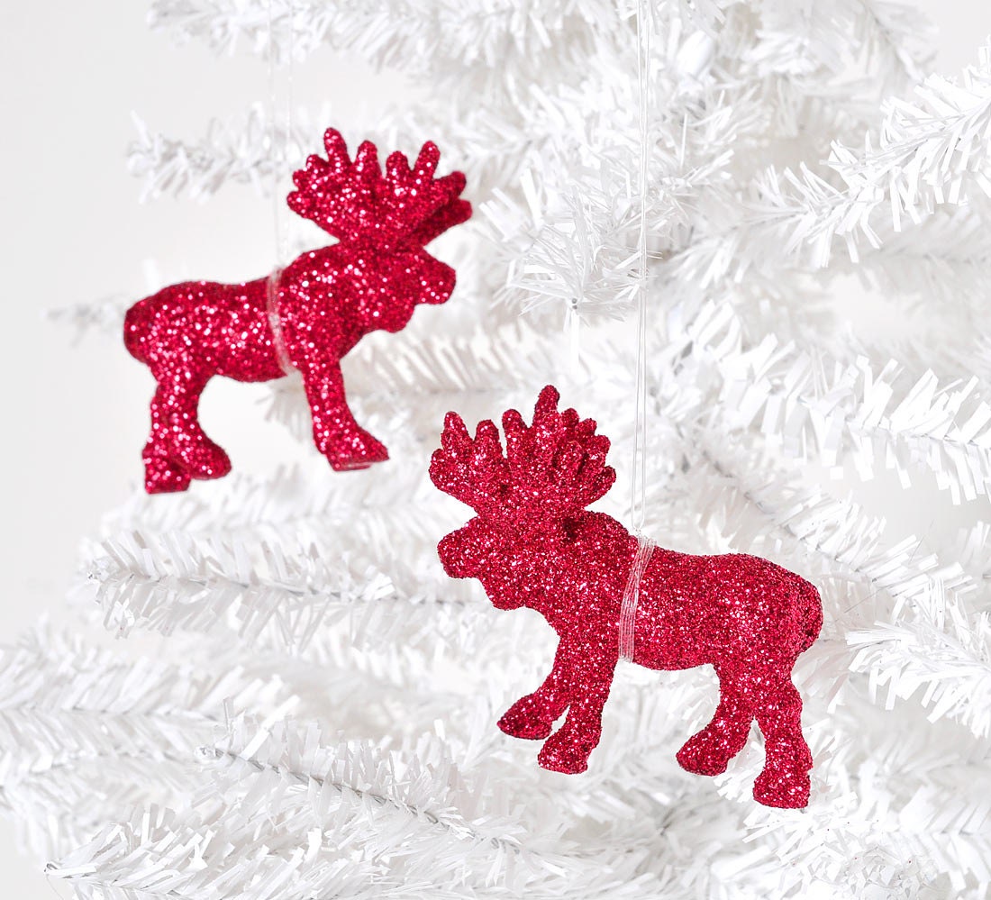 Home Decor Ornaments Tiny Moose Decoration in Metallic Poppy Red Glitter Woodland Spring or Summer Wedding Favors Gift Set of 2