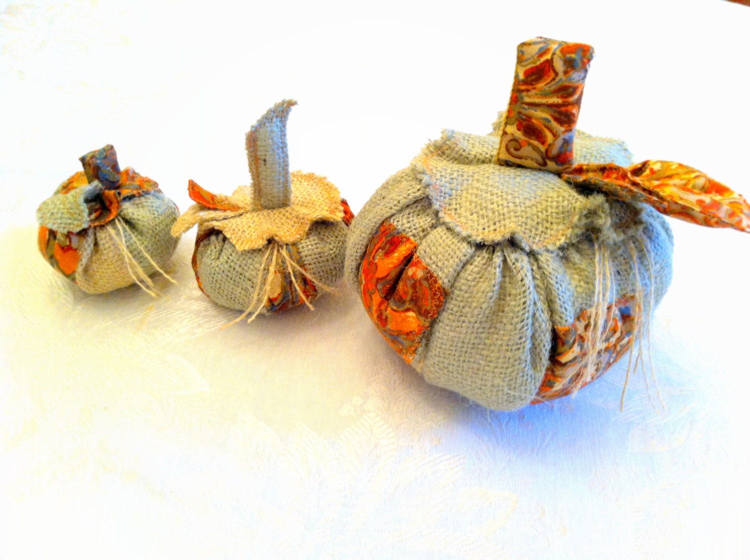 Pumpkins Burlap,  Autumn, Fall, Woodland Home Decor, Vintage Fabric ( set of 3) THANKSGIVING