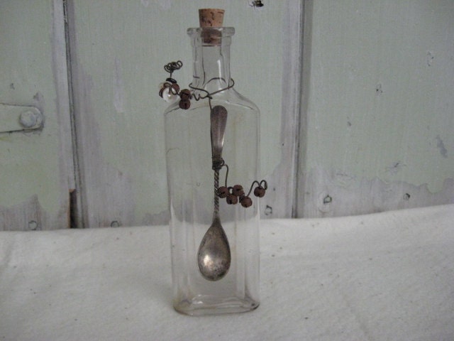 Old Glass Bottle Repurposed Bottle with Old Spoon, Rusty Bells and Old Buttons Home Decor