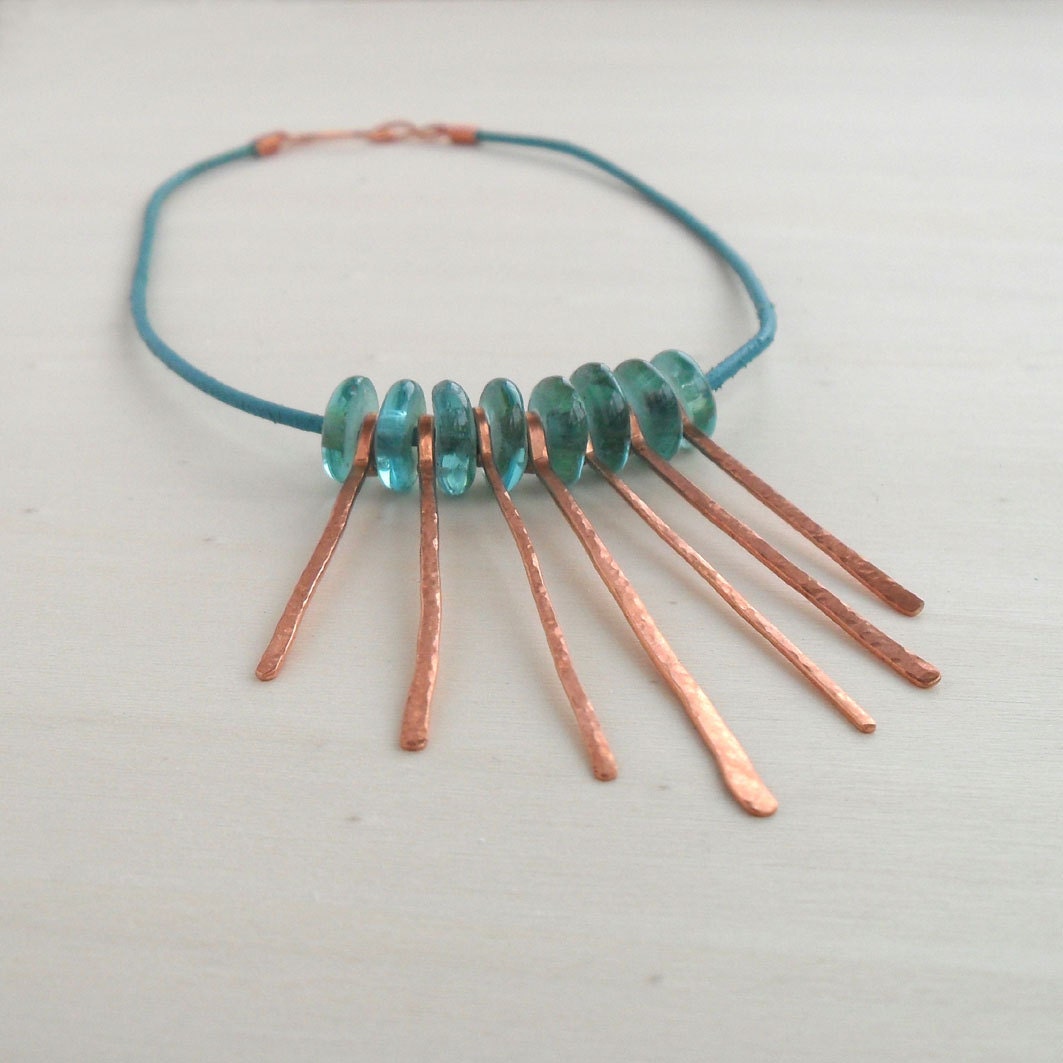 Rustic Turquoise Copper Necklace Hammered Wire Jewelry Handmade Dangle Fringe Teal Recycled Glass Beads OOAK Minimalist
