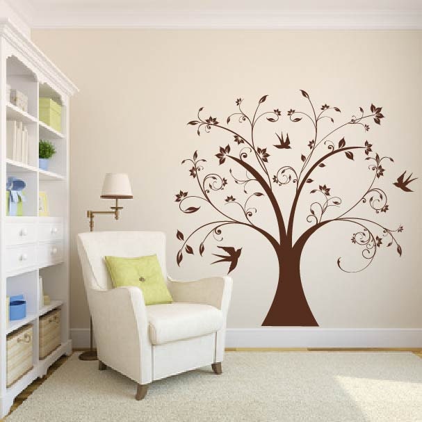 Kids swirly tree with birds and leaves vinyl wall art decal