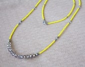 Yellow Necklace with Gray Grey -  Neon Seed Beads, Gray Crystals, Long, Earrings Included