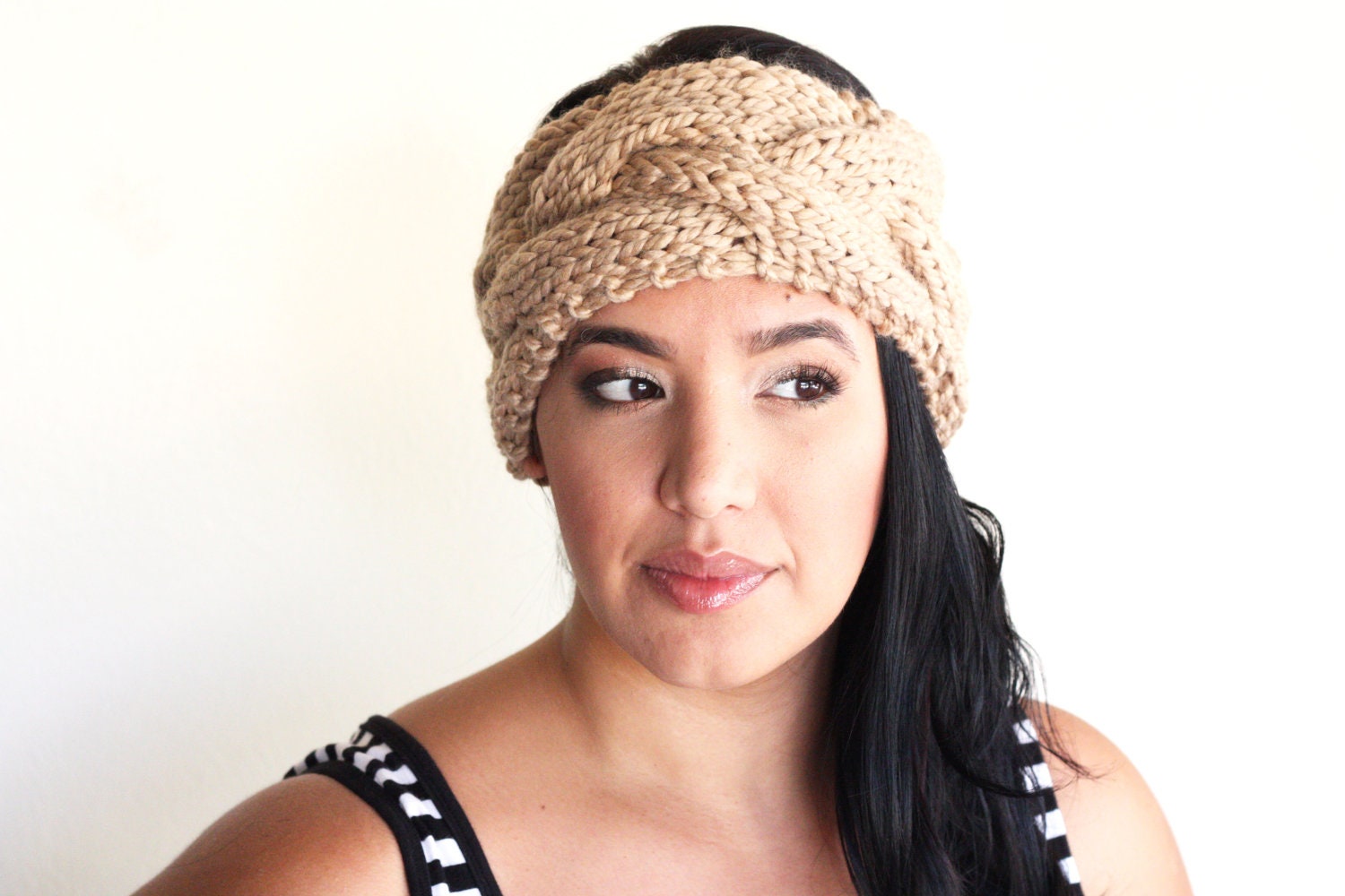 the Naomi // cable knit headband // braided ear warmer turban head wrap // hand knit in barley beige by theLOVEstitch