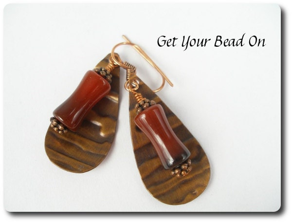 Embossed Copper Teardrop Earrings with Rootbeer Glass Dangles