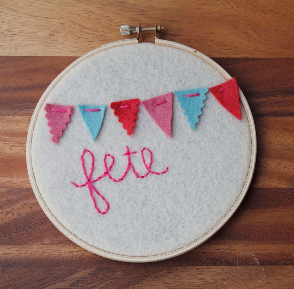 Embroidery Hoop Art. Hand-Embroidered Mini Bunting. Bonne Fete. Wall Decor by Catshy Crafts