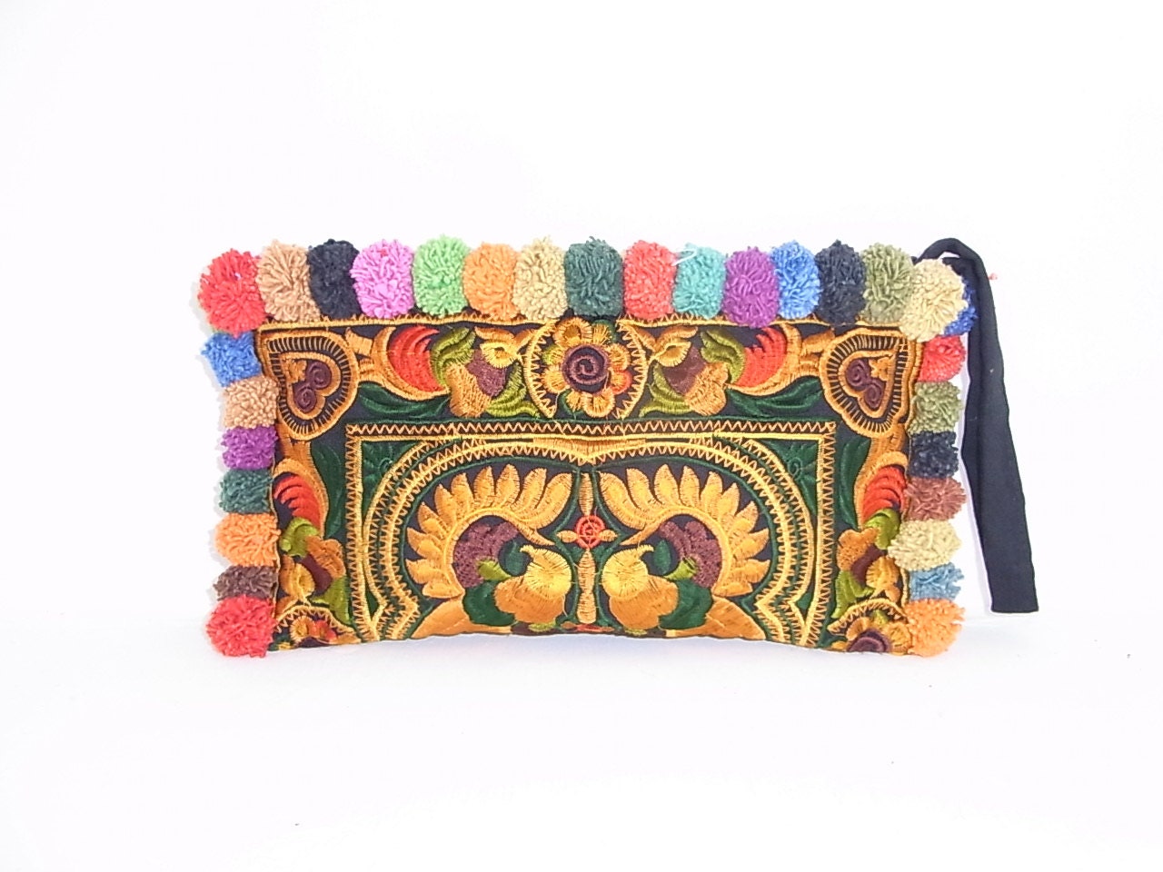 Wristlet Tangerine Birds Pon Pon Hill Tribe Fabric Vintage Fashionable Clutch Purse Handmade Thailand (BG810P2-OB)