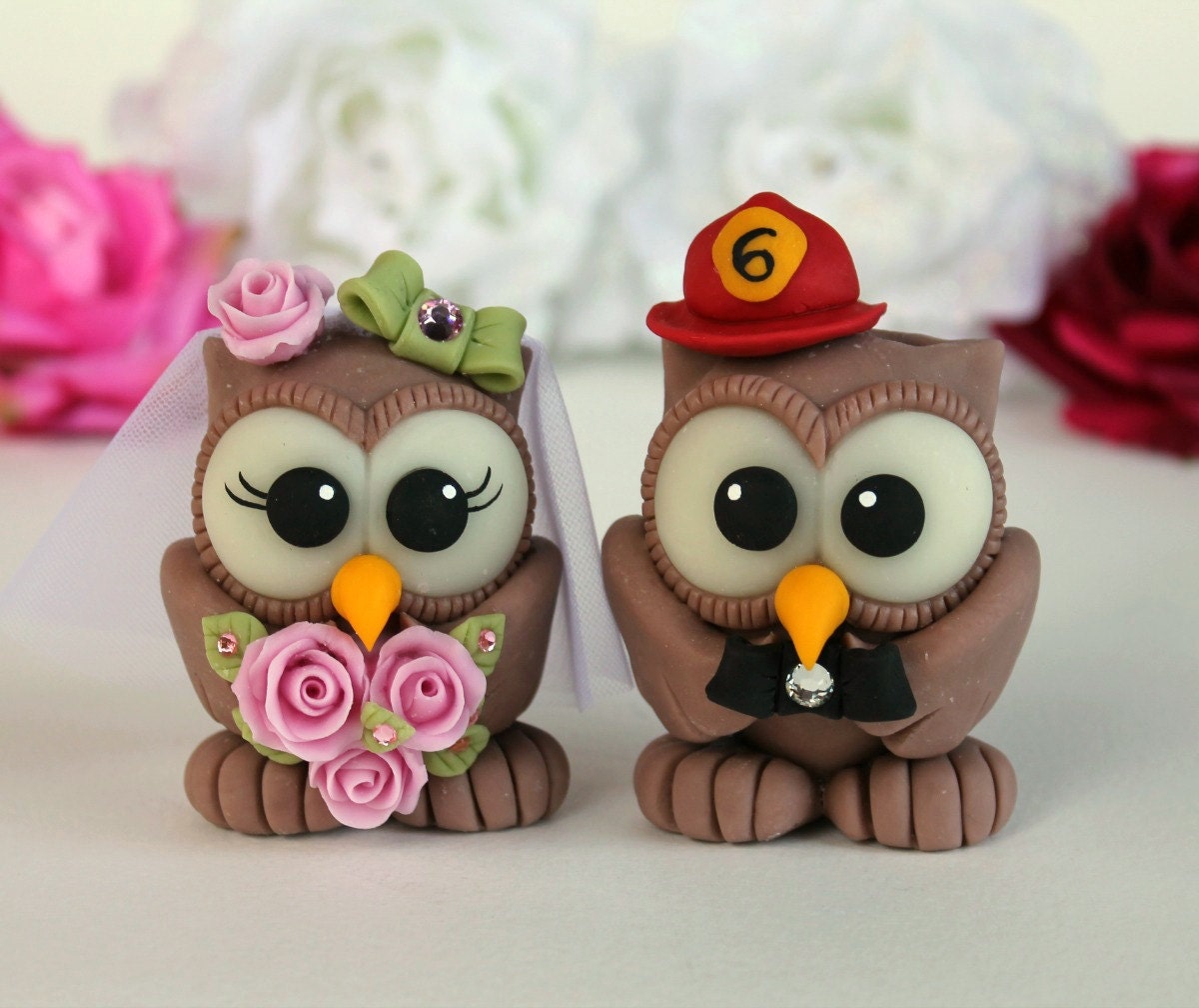 Owl cake topper, hand made love birds for wedding, fireman hat for groom