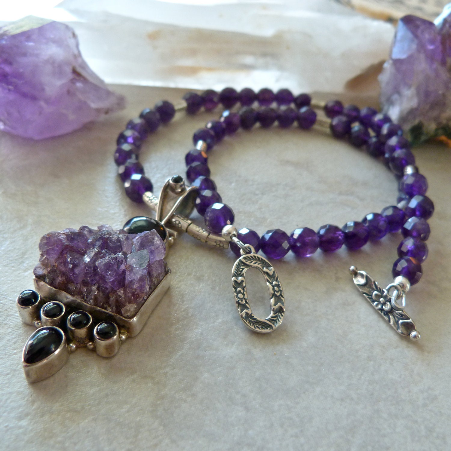Large Raw Amethyst Crystal Cluster set in Sterling Silver Pendant - Faceted Amethyst Beads - Royal Purple Artisan Necklace