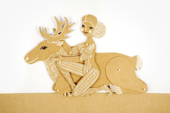 Girl with Reindeer - Articulated Paper Dolls by Dubrovskaya. Kraft paper, hand painted, MADE TO ORDER.