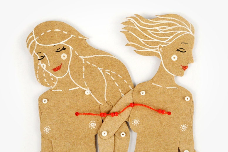 Girls couple - Articulated Paper Doll by Dubrovskaya. Kraft paper, hand painted, MADE TO ORDER.