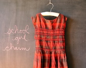 1950's school girl red and black plaid smocked sleeveless little girls dress, size 8 10 12 - LaDiDottie
