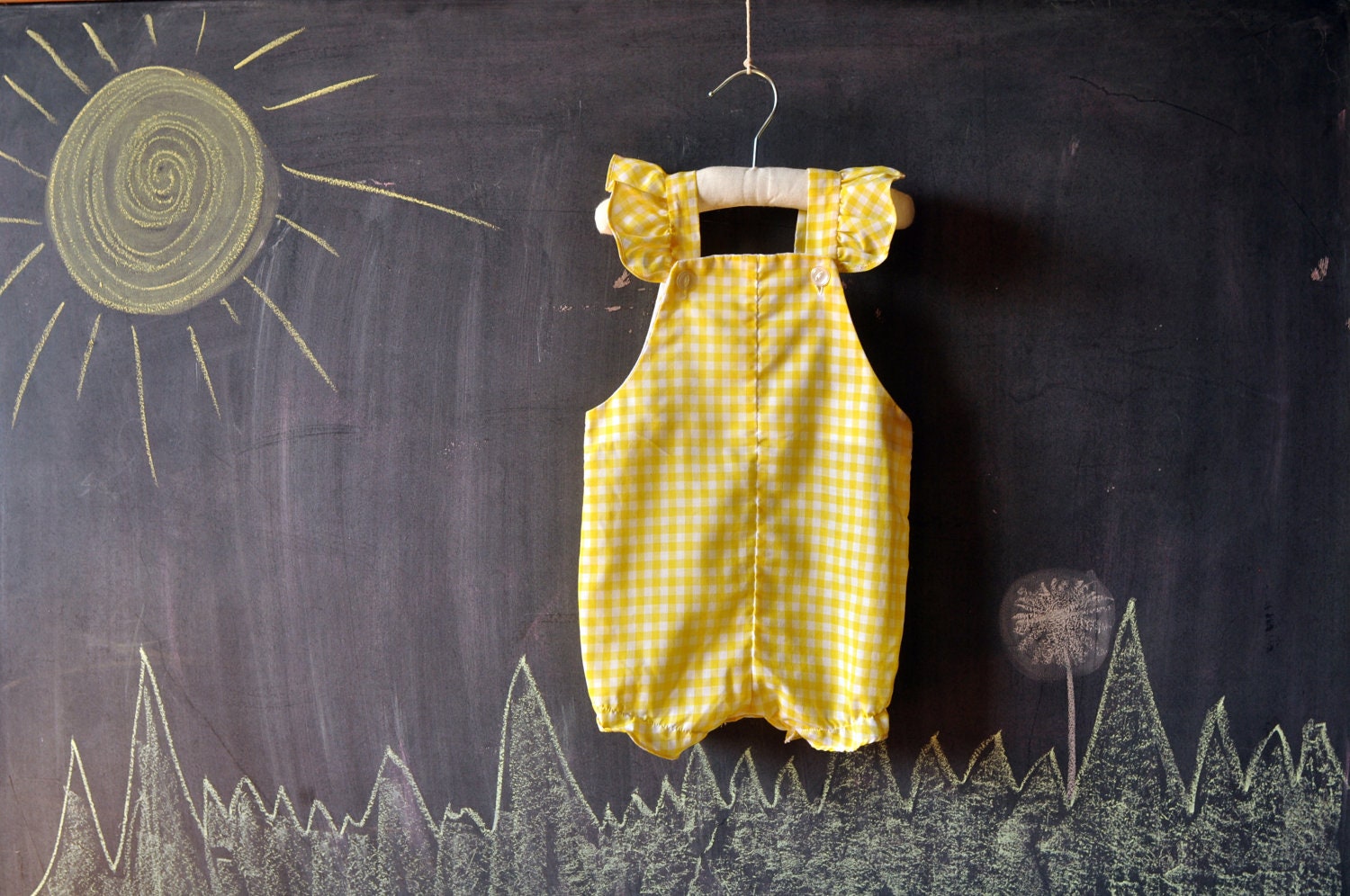yellow and white gingham plaid toddler romper, summery flutter straps, 18 months- 2t - LaDiDottie