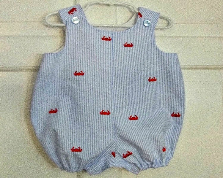 Baby Boy Bubble Romper JonJon, Summer Crab Seersucker Bubble, Beachwear, Custom Boutique Children Clothing, 1st Birthday