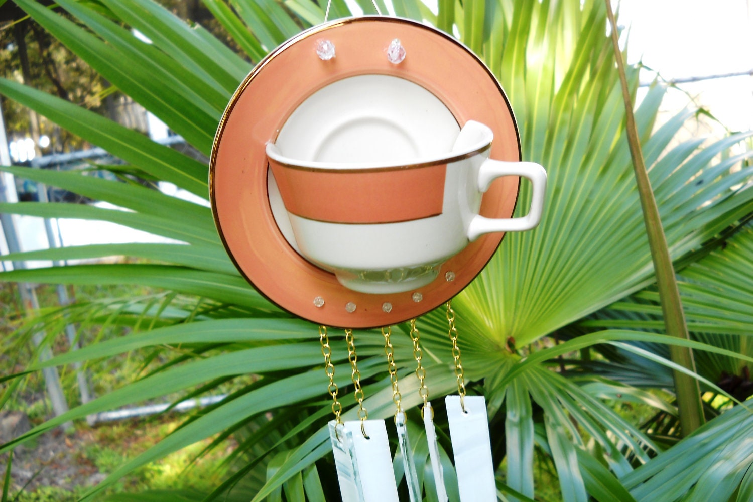 Vintage Coffee Cafe Cup or Tea Cup and Saucer Stained Glass Wind Chime upcycled with 1950s Diner Look