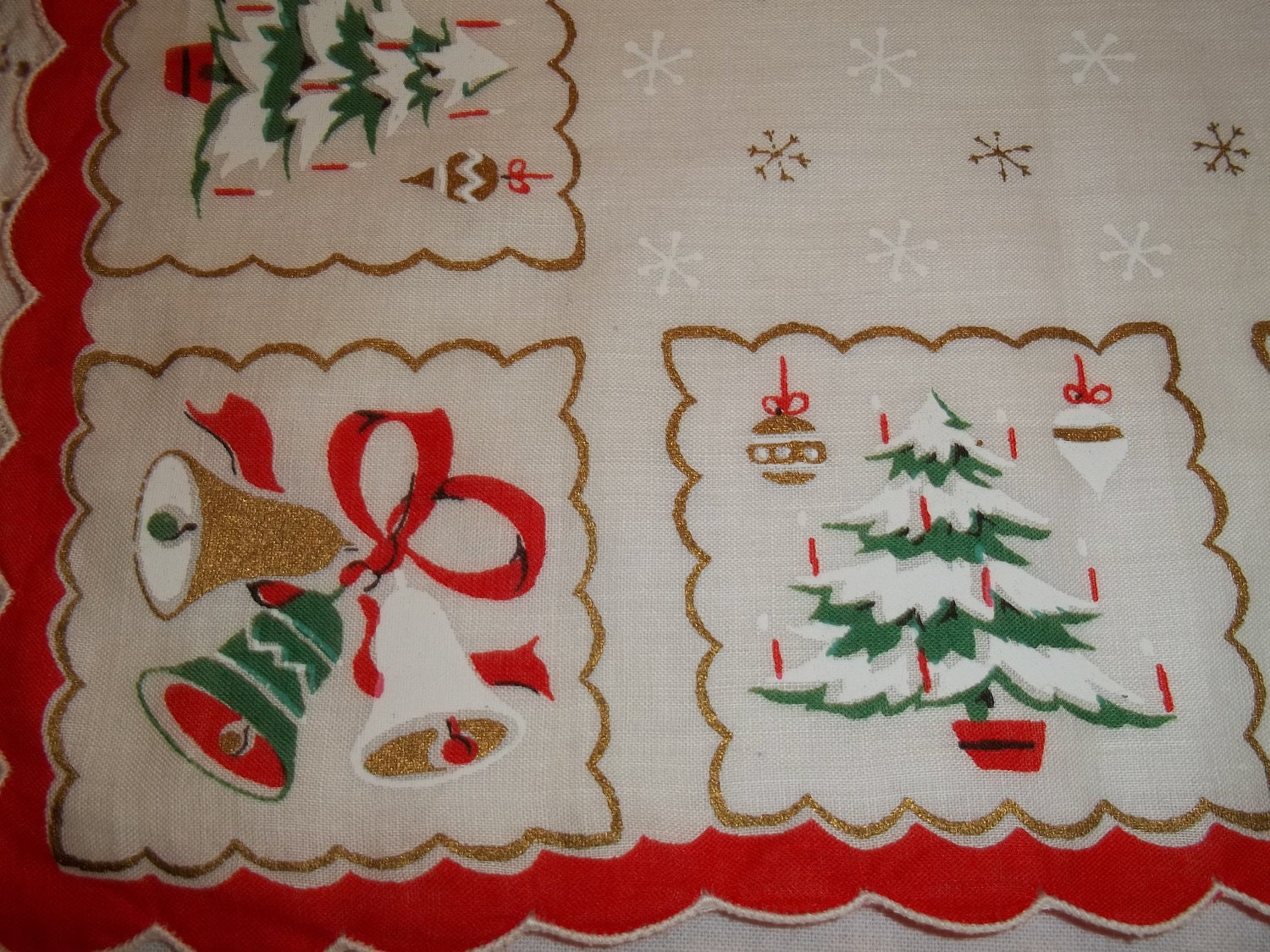 Vintage Christmas Handkerchief Hankie Hanky Mid Century Eames era Alternating Bells and Tree with Scallops and Snowflakes - Route66StLouis