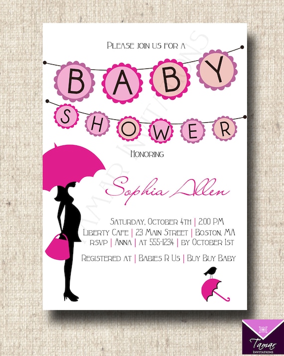 Printable Baby Shower Invitation Card - Modern Umbrella Banner - You choose color Il_570xn