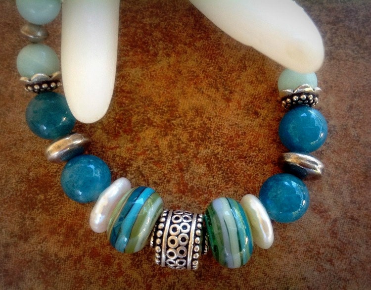Blue Green Sterling Silver Lampwork Bracelet