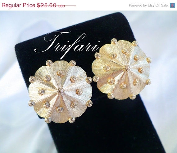 Vintage Crown Trifari Gold Earrings - Large Domed Clip-Ons