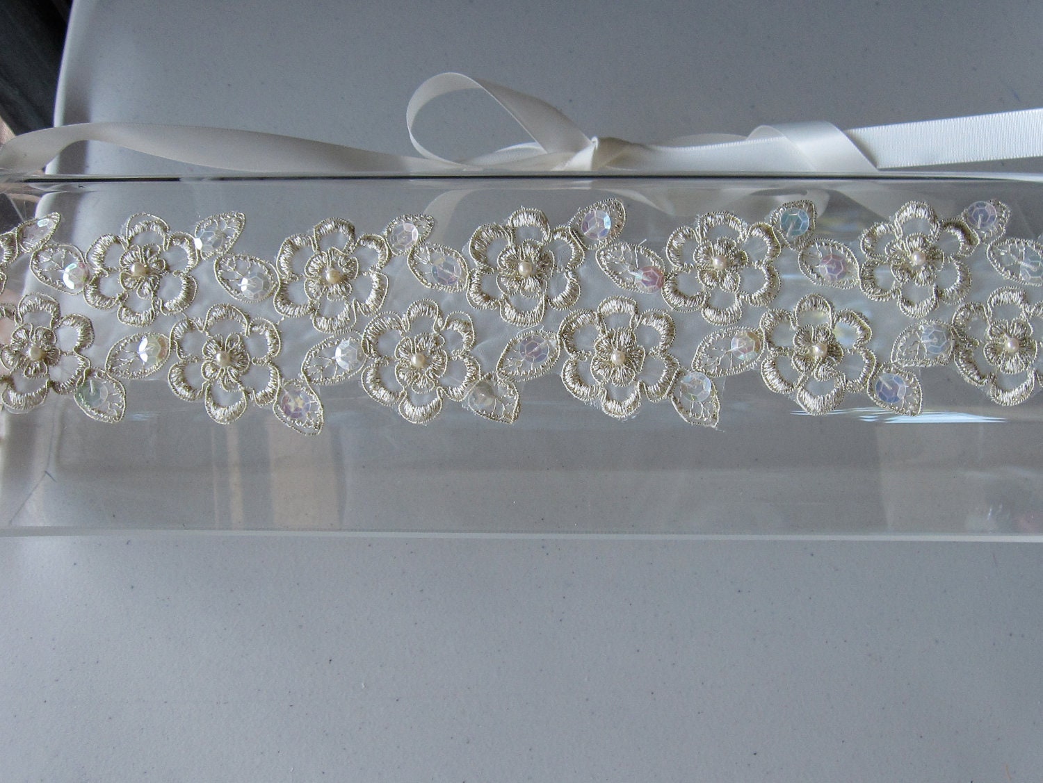 Ivory and Gold Beaded Flower Halo Headband with Ivory Satin Ribbon Tie, for Bridal, weddings, parties, special occasions